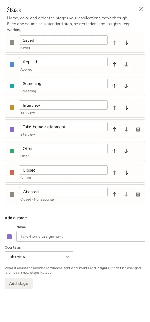 Stages sheet showing Take-home assignment between Interview and Offer, a Ghosted stage with the No response outcome, and accessible move up, move down, rename and color controls
