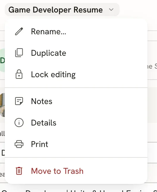 Document menu under the name Game Developer Resume, with Rename, Duplicate, Lock editing, Notes, Details, Print and Move to Trash