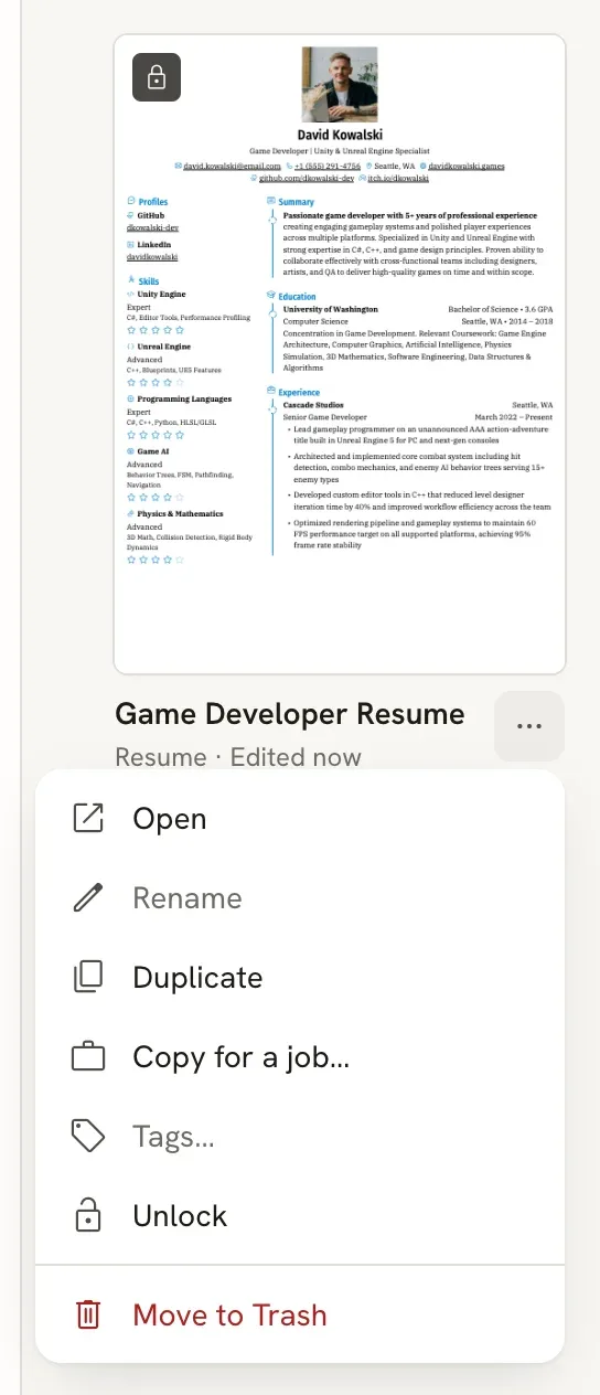 A resume card with a lock icon and its menu showing Rename, Tags and Move to Trash unavailable and an Unlock item