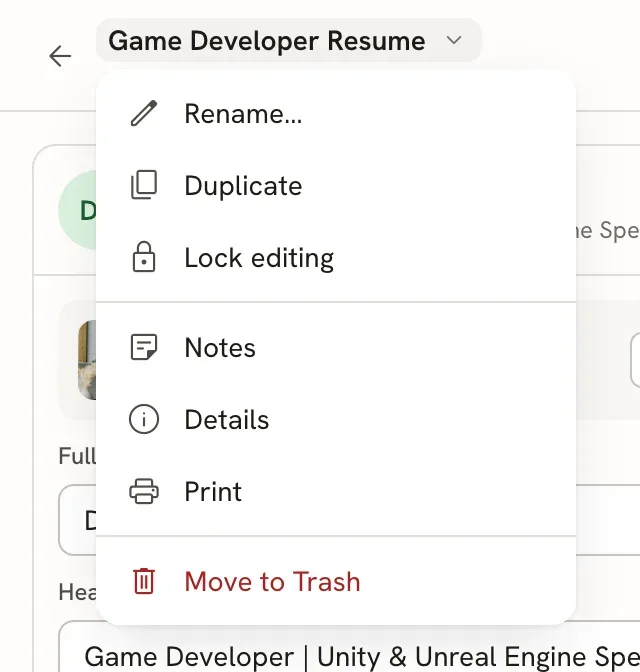 The document menu open under the resume name, listing Rename, Duplicate, Lock editing, Notes, Details, Print and Move to Trash