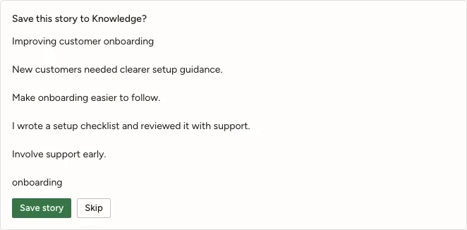 Coach showing a fictional onboarding story with Save story and Skip buttons; nothing has been saved yet