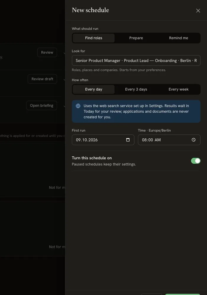 Find roles schedule with a search based on preferences, daily or less frequent choices, first-run date, timezone-aware time and an enabled schedule switch