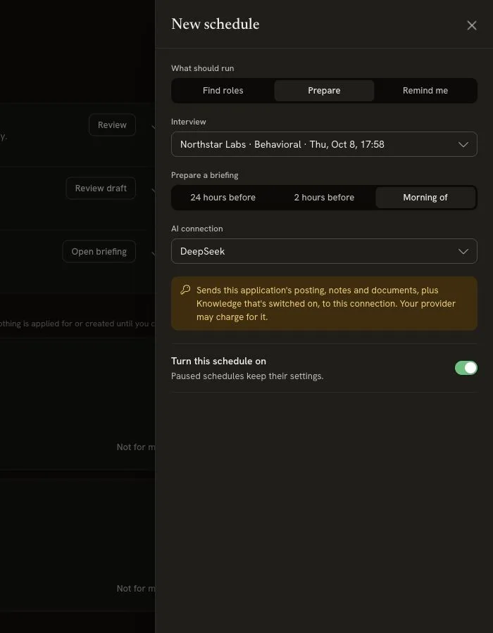 Prepare schedule with a selected interview, 24 hours before, 2 hours before and Morning of choices, an AI connection and Turn this schedule on