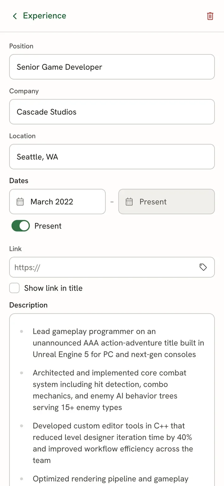 A phone experience editor with stacked fields, structured dates, a Present switch and a rich-text description.
