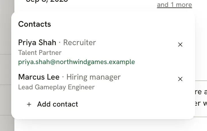 Contacts popover listing Priya Shah, Recruiter, Talent Partner with an email link, and Marcus Lee, Hiring manager, Lead Gameplay Engineer, with an Add contact button