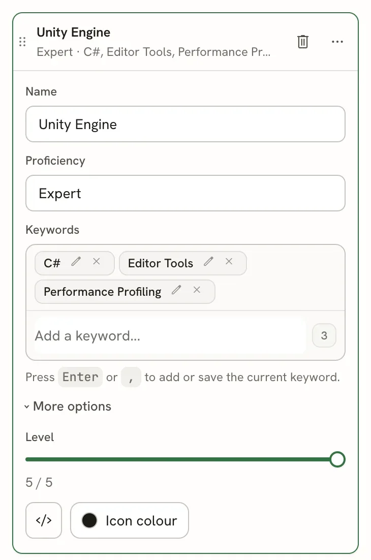 An open Skills entry named Unity Engine with Proficiency Expert, three keywords, and More options expanded to show a Level slider at 5 / 5, an icon button and an Icon color button.