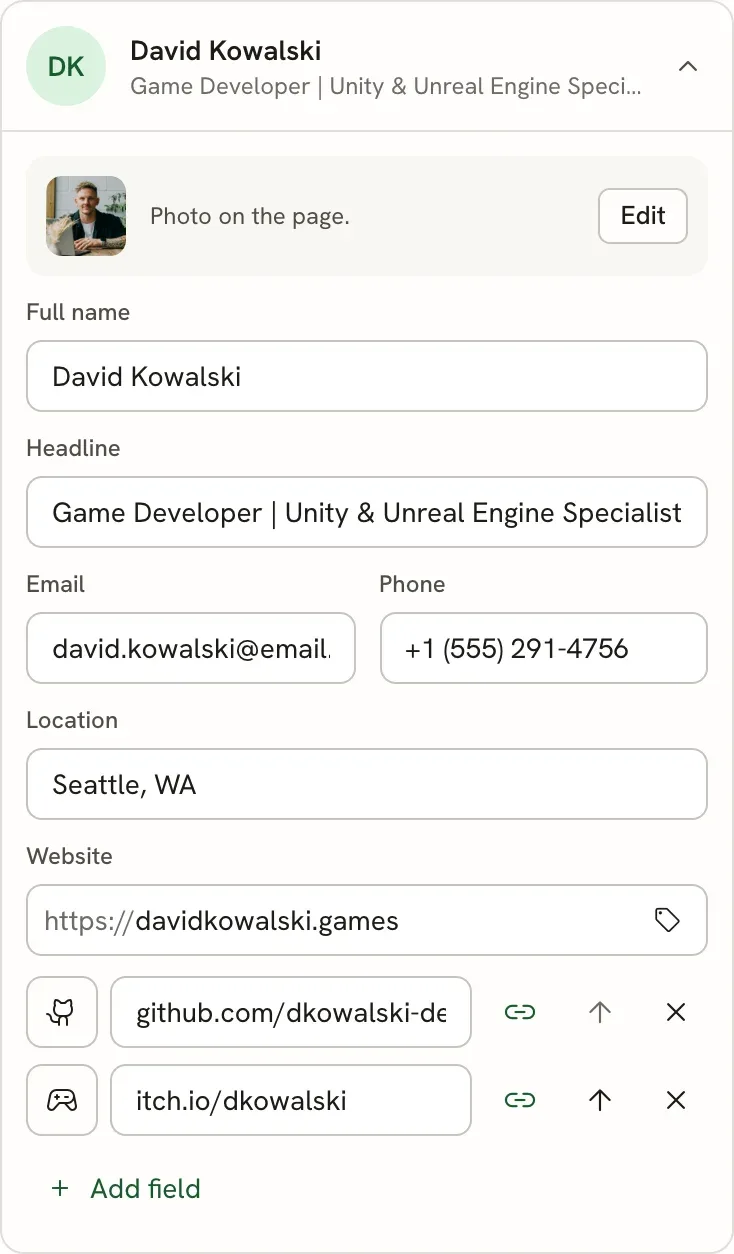 The Basics card showing the photo row, Full name, Headline, Email, Phone, Location and Website fields, two extra fields with icons, and the Add field button