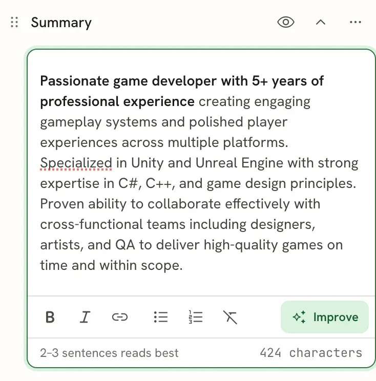 The Summary section open, with the summary text, the formatting toolbar with an Improve button, and a footer reading 2–3 sentences reads best and 424 characters
