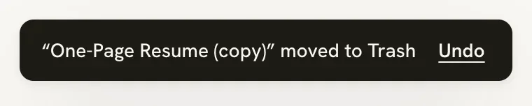A message reading One-Page Resume (copy) moved to Trash with an Undo button