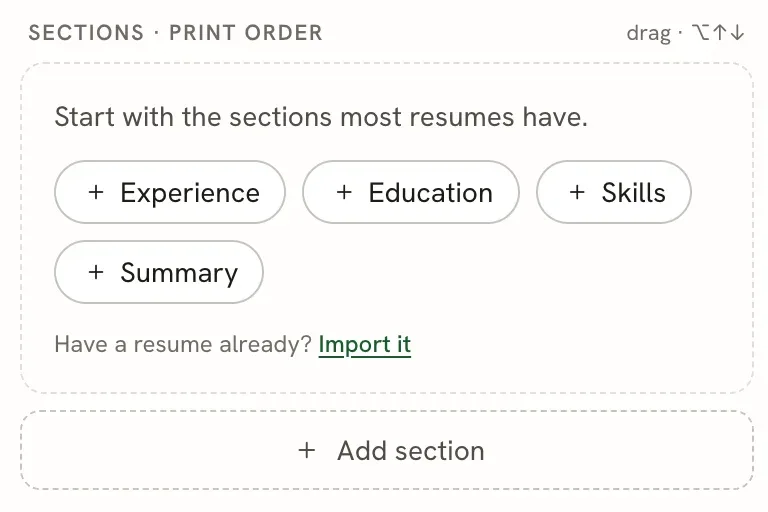 The Sections list on a new resume with buttons for Experience, Education, Skills and Summary, an Import it link, and an Add section button