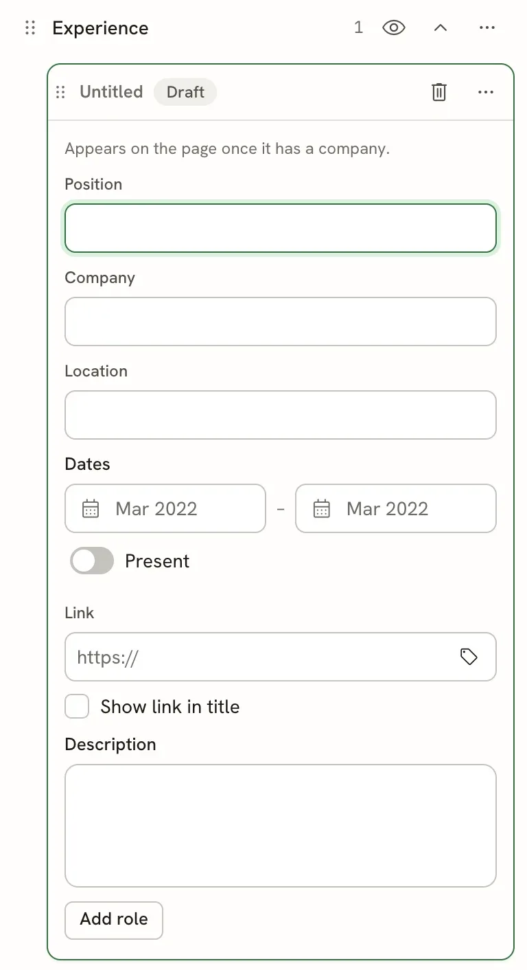 An open Experience entry titled Untitled with a Draft badge and the note Appears on the page once it has a company, followed by empty Position, Company, Location, Dates, Link and Description fields and an Add role button.