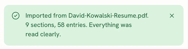 A green note reading Imported from David-Kowalski-Resume.pdf. 9 sections, 58 entries. Everything was read clearly