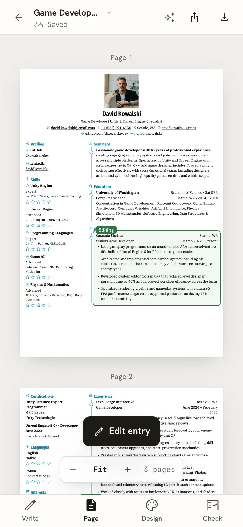 The Page view on a phone with an experience entry outlined and tagged Editing, and an Edit entry button floating above the zoom bar