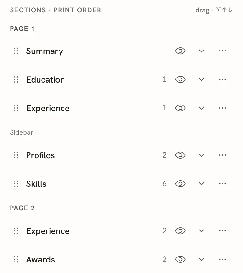 The Sections list in Write mode, showing Page 1 with Summary, Education and Experience, a Sidebar divider above Profiles and Skills, and Page 2 with Experience and Awards. Each row has a drag handle, an entry count, an eye icon, a chevron and a three-dot menu.
