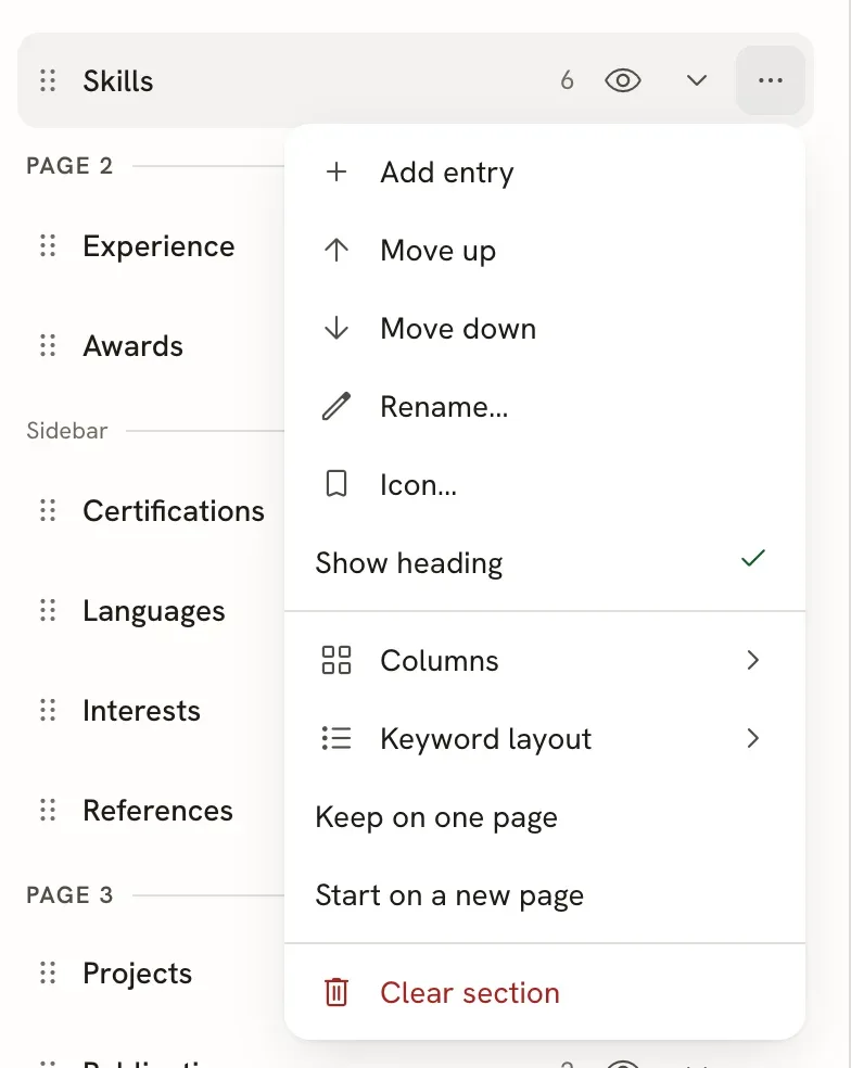 The options menu for the Skills section, listing Add entry, Move up, Move down, Rename…, Icon…, Show heading (checked), Columns, Keyword layout, Keep on one page, Start on a new page and Clear section.