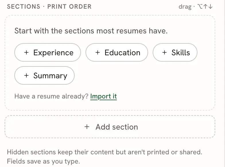 The empty sections list on a blank resume, with buttons for Experience, Education, Skills and Summary, an Import it link, and the Add section button below.