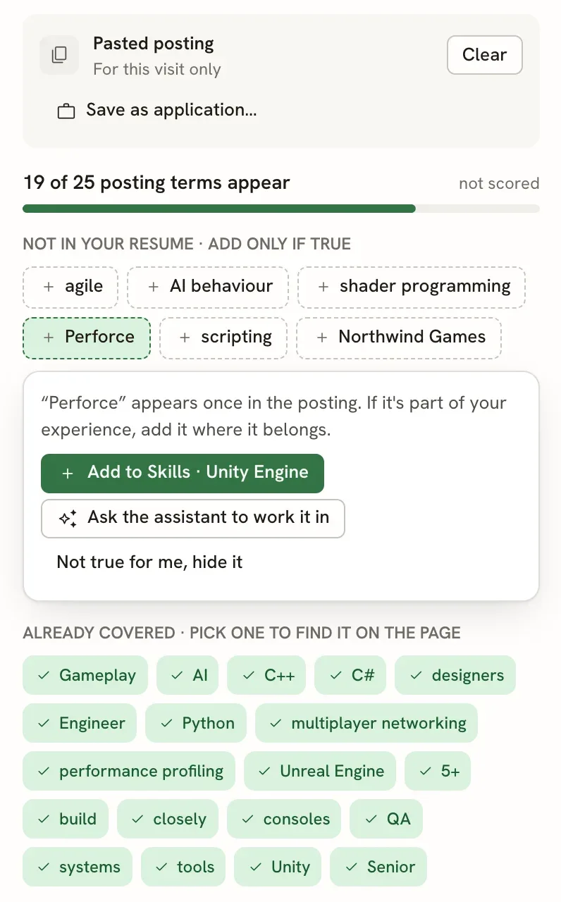 Job match tab showing a pasted posting, 19 of 25 posting terms appear, missing terms such as Perforce and agile, the options for Perforce, and a list of terms already covered