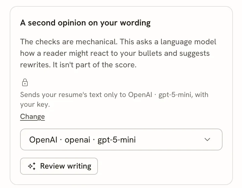 Writing tab titled A second opinion on your wording, stating the resume text is sent only to OpenAI gpt-5-mini, with a Change link, a provider picker and a Review writing button