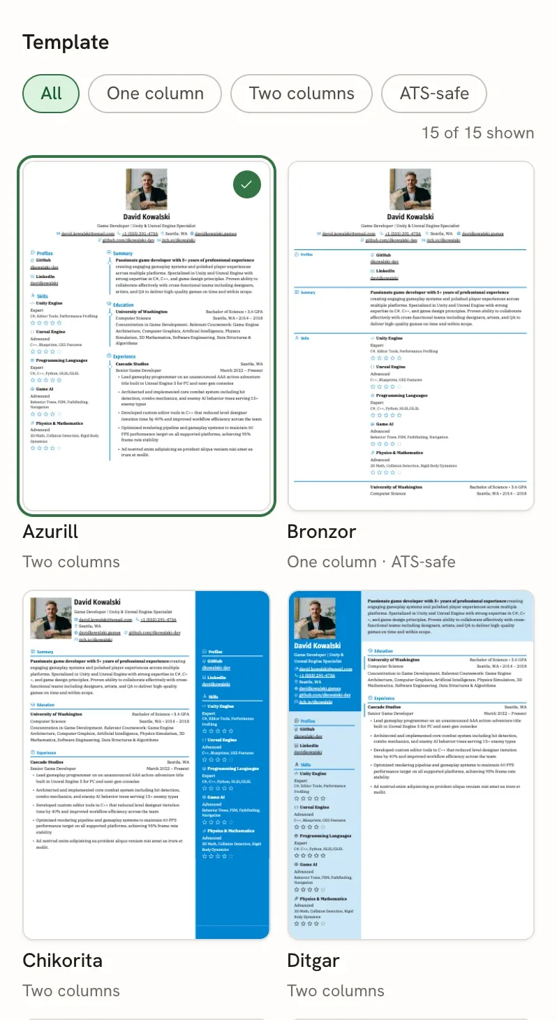 The Template group in the Design panel, showing the All, One column, Two columns and ATS-safe filters, a template counter, and thumbnails of the Azurill, Bronzor, Chikorita and Ditgar templates with Azurill checked