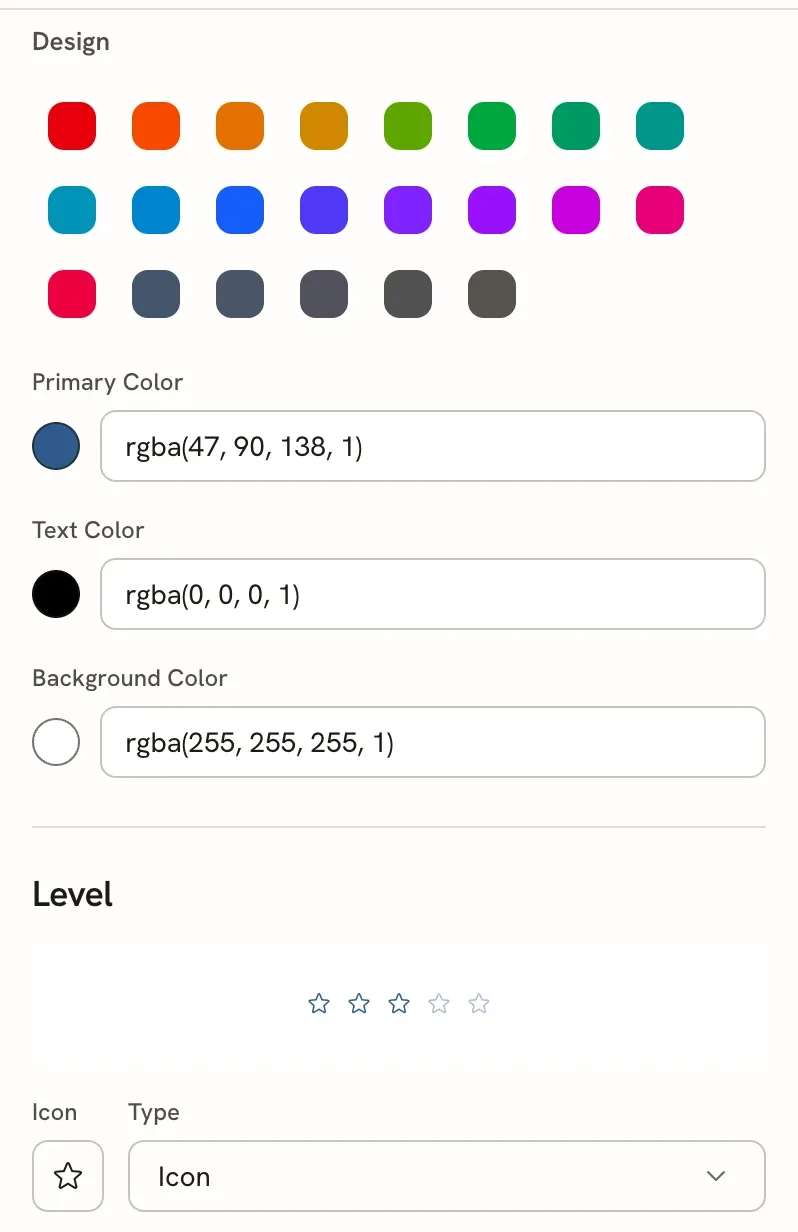 The Advanced Design section showing 22 square color swatches, the Primary color, Text color and Background color fields with rgba values, and the Level area with a preview of three out of five stars, an Icon picker set to a star and Type set to Icon