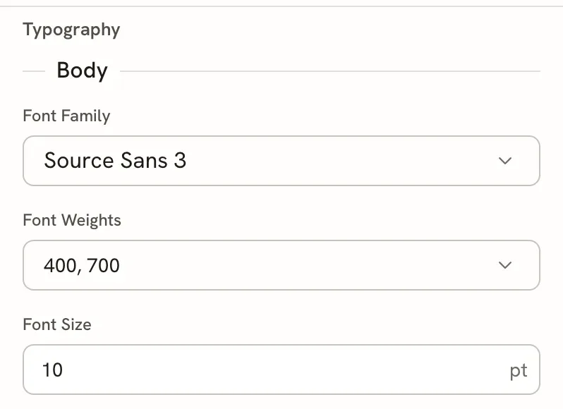 The Typography editor's Body fields: Font family set to Source Sans 3, Font weights set to 400, 700, and Font size set to 10 pt