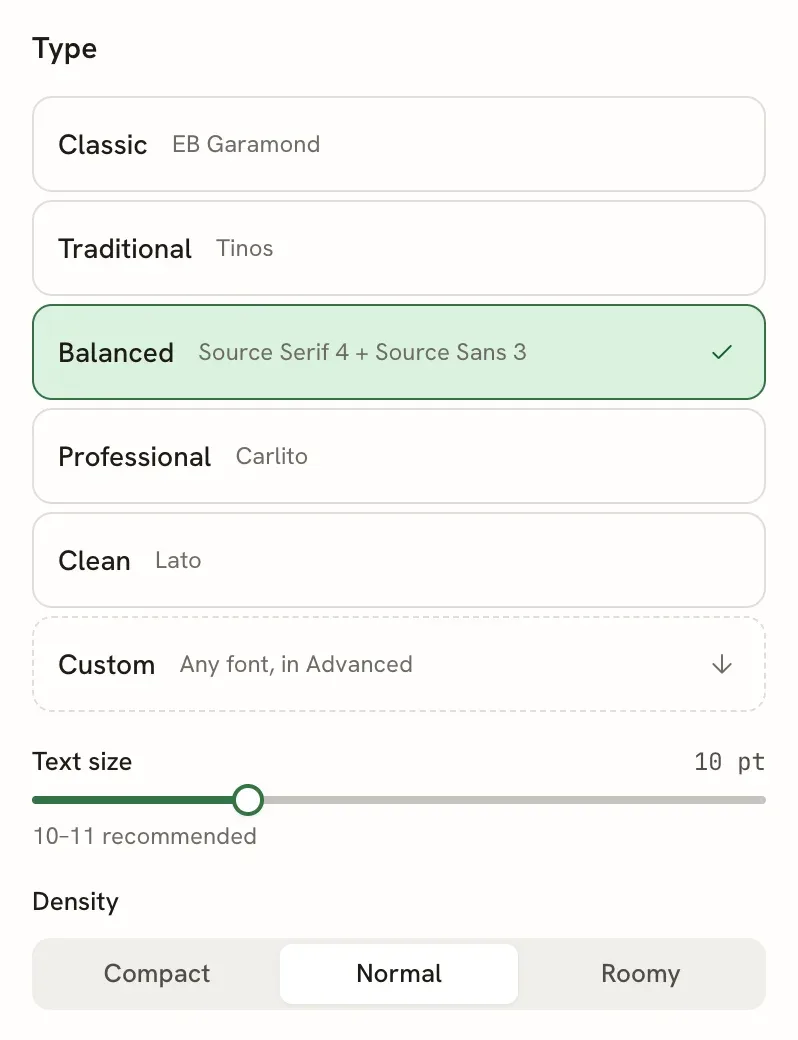 The Type group showing five font pairings (Classic, Traditional, Balanced, Professional, Clean) with Balanced selected, a Custom row, the Text size slider at 10 pt with the hint 10 to 11 recommended, and Density set to Normal