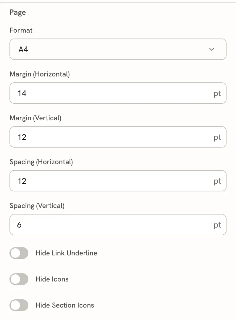 The Advanced Page section with Horizontal margin 14 pt, Vertical margin 12 pt, Horizontal spacing 12 pt, Vertical spacing 6 pt, and switches for Underline links, Show icons and Show section icons