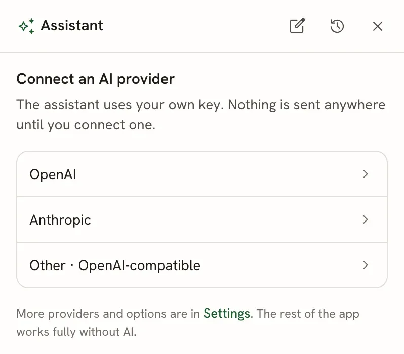 Assistant panel showing Connect an AI provider, with OpenAI, Anthropic and Other · OpenAI-compatible options and a link to Settings for more providers