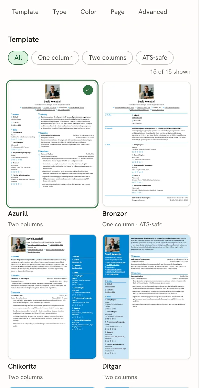 The Template tab in Design mode with filters for All, One column, Two columns and ATS-safe, a template counter, and previews of the Azurill (selected), Bronzor, Chikorita and Ditgar templates filled with the sample resume.