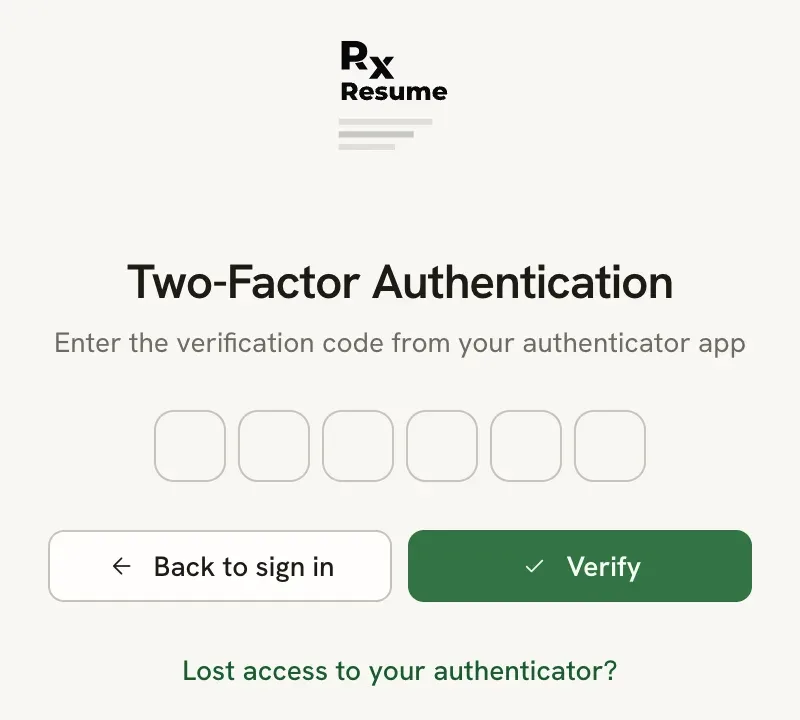 The Two-step verification page with six code boxes, Back to sign in and Verify buttons, and a Lost access to your authenticator? link