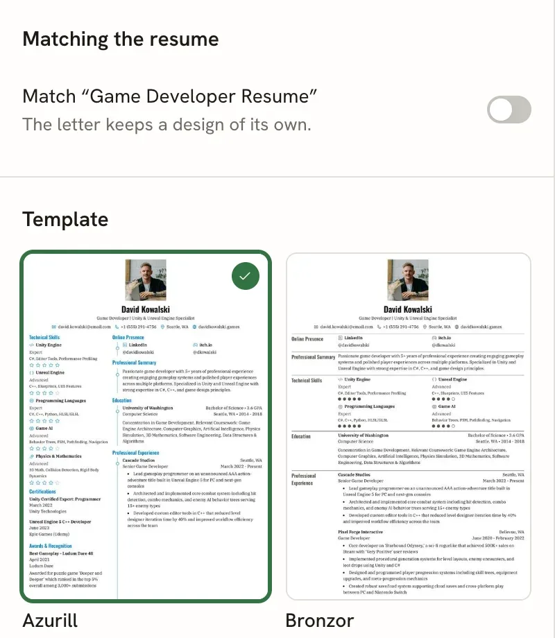 Design panel with Match turned off, labelled The letter keeps a design of its own, and a Template grid with Azurill selected