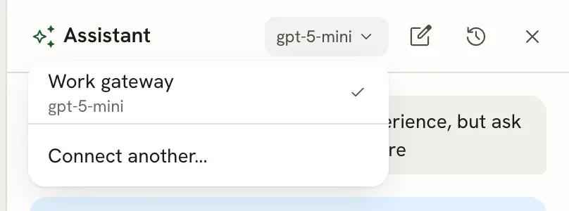 Model menu open under the gpt-5-mini chip, listing the provider Work gateway with its model gpt-5-mini and a checkmark, and Connect another…