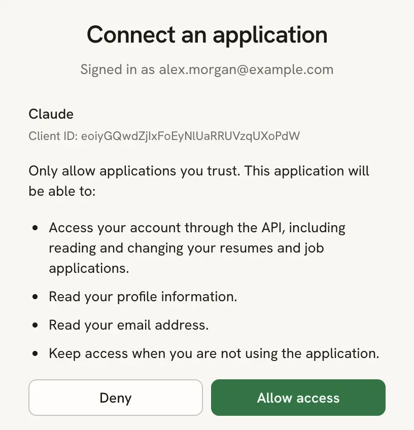 Connect an application screen for a client named Claude, listing access to resumes and job applications, profile information, email address and offline access, with Deny and Allow access buttons