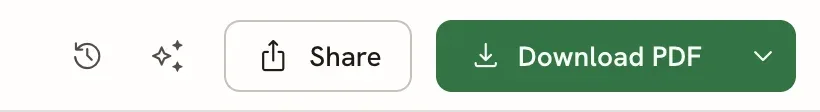 The right side of the editor bar with the History and Assistant icon buttons, a Share button and a green Download PDF button with a small arrow on its right.