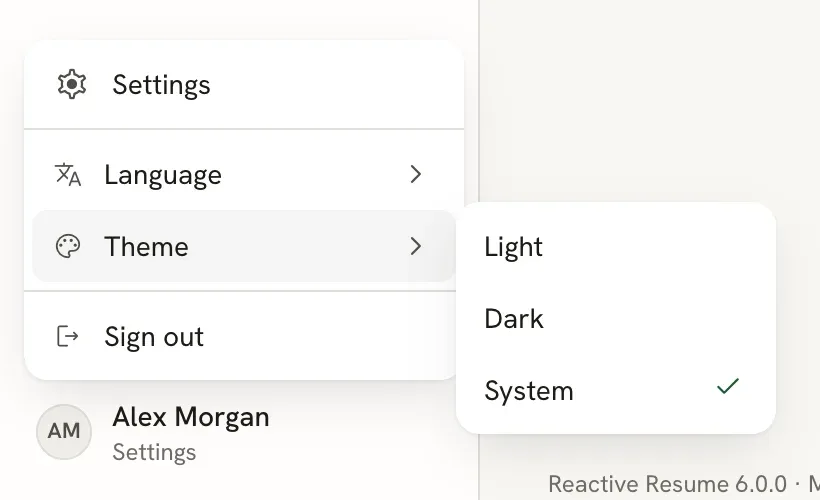 The account menu opened from the sidebar with Settings, Language, Theme and Sign out, and a Theme submenu listing Light, Dark and System with System checked