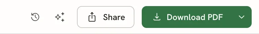 The right side of the editor bar with the History and Assistant icons, the Share button and the Download PDF button