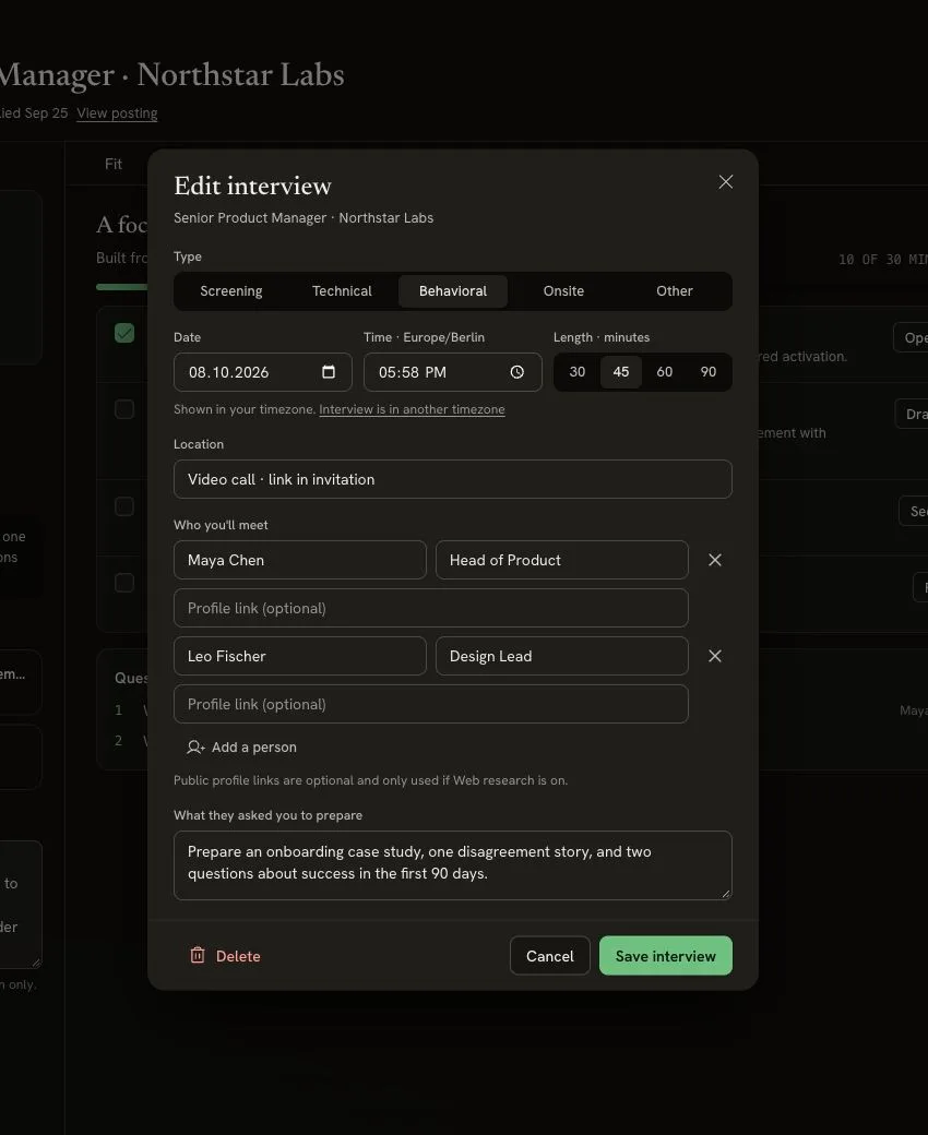 Edit interview form for Northstar Labs showing Behavioral, Date, Europe/Berlin time, a 45-minute length, two interviewers, preparation notes and Save interview