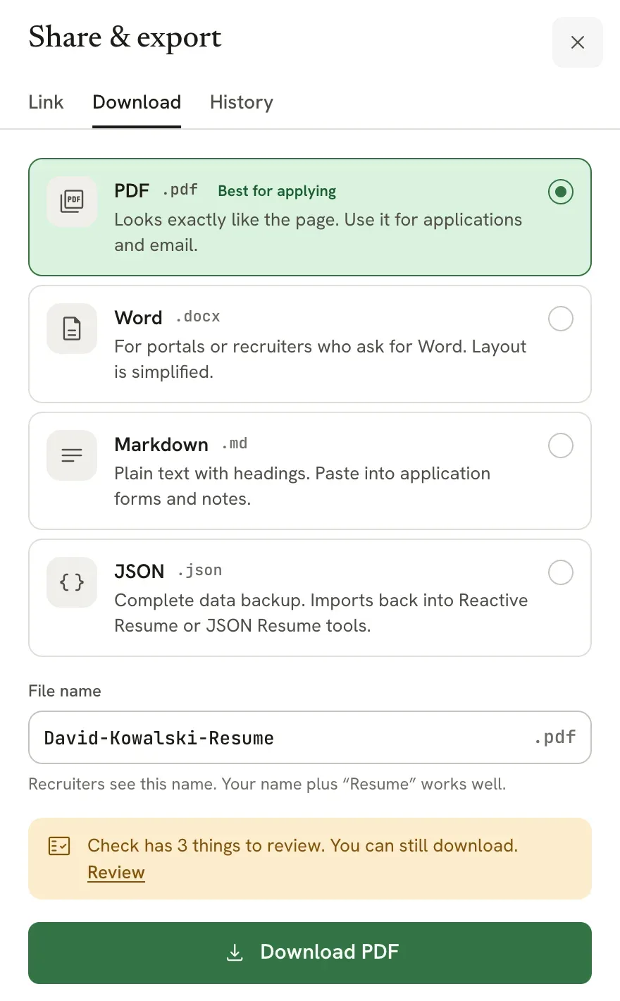 The Download and history panel with Download and History tabs. The Download tab lists PDF (Best for applying), Word, Markdown and JSON, a File name field set to David-Kowalski-Resume, a note that Check has 3 things to review, and a Download PDF button.