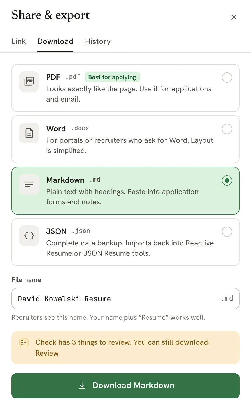 Download tab of the Download and history sheet with Markdown selected, the file name David-Kowalski-Resume.md and a Download Markdown button