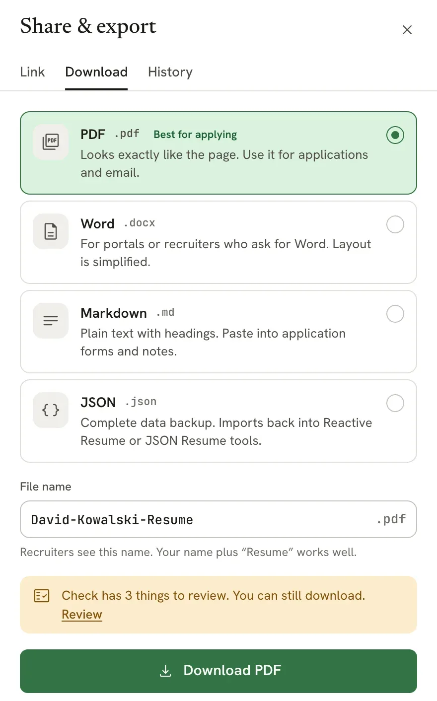 Share and export with Link, Download and History tabs, PDF, Word, Markdown and JSON formats, an editable filename and a non-blocking Check warning.
