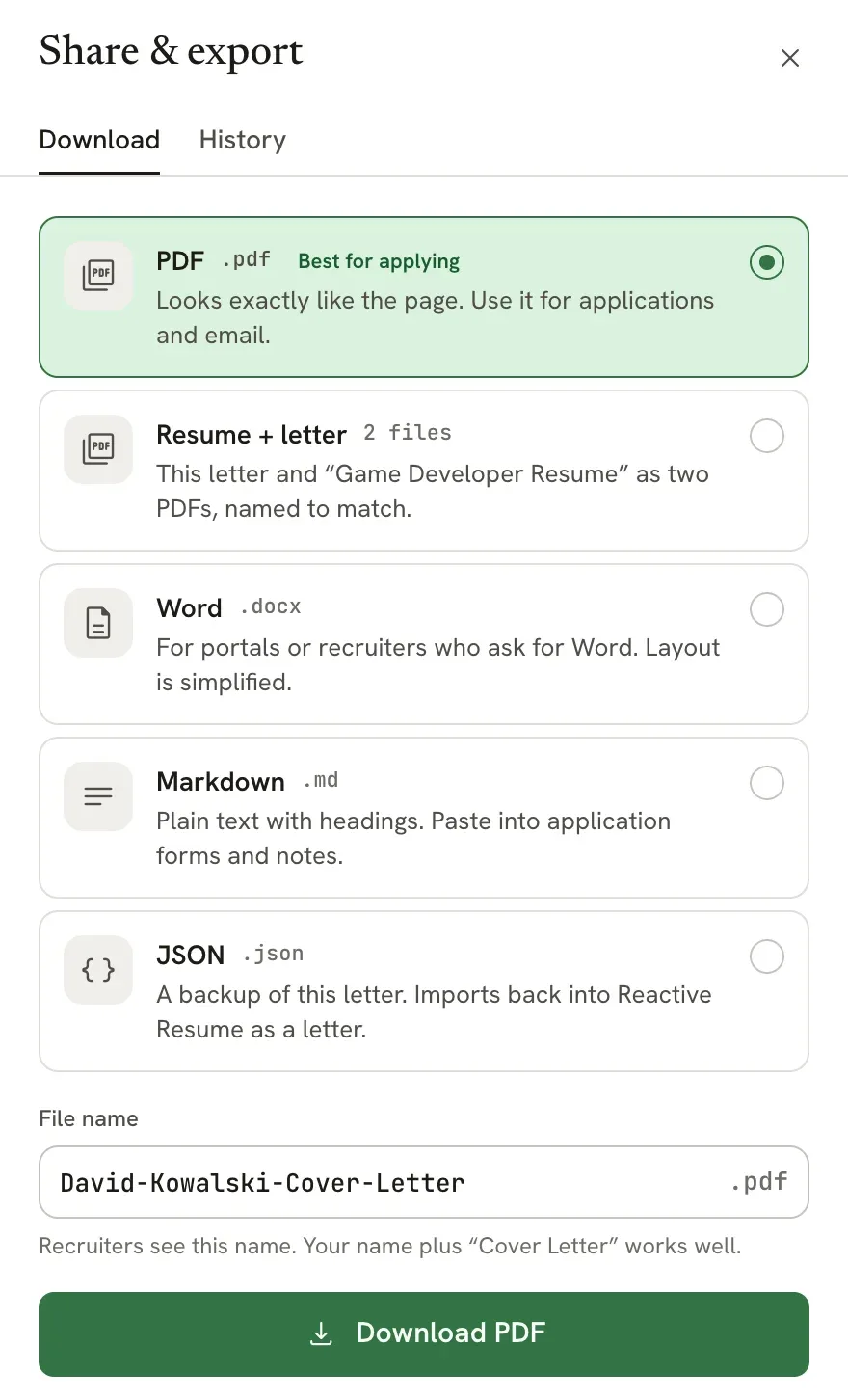The Download and history sheet for a letter with Download selected, listing PDF, Resume plus letter (2 files), Word, Markdown and JSON, a File name field and a Download PDF button