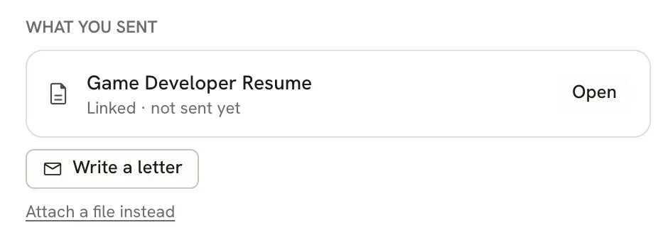 The What you sent section of an application, listing the linked Game Developer Resume with a Write a letter button below it