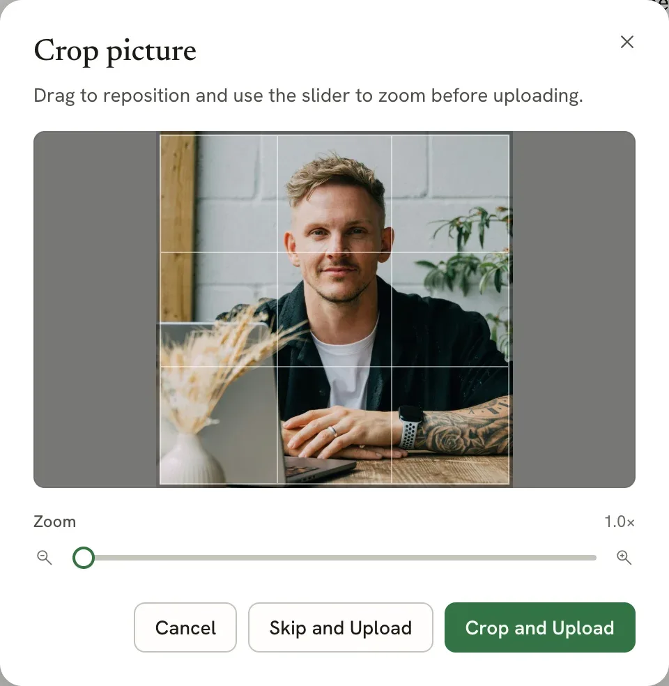 The Crop photo dialog with the photo inside a square crop frame, a Zoom slider, and Cancel, Skip and upload, and Crop and upload buttons