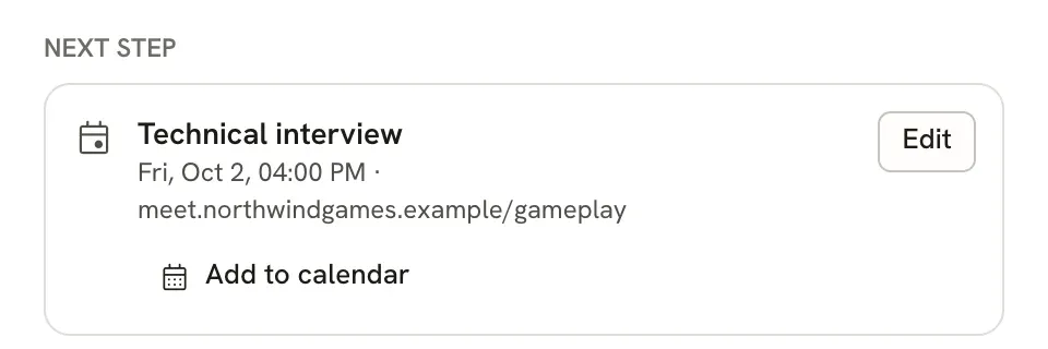 Next step card showing a Technical interview on Fri, Oct 2 at 4:00 PM with a video link, an Edit button and Add to calendar