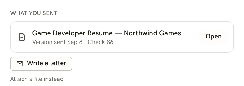 What you sent section with Game Developer Resume — Northwind Games, Version sent Sep 8 · Check 86, an Open button, a Write a letter button and the Attach a file instead link