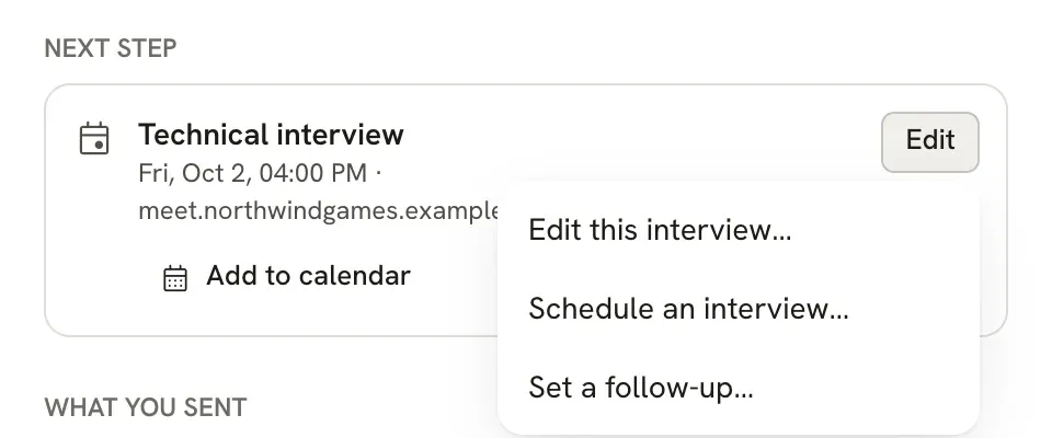Next step card with the Edit menu open, listing Edit this interview…, Schedule an interview… and Set a follow-up…