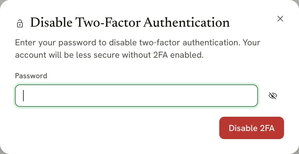The Turn off two-step verification? dialog with a Password field and a Turn off two-step verification button