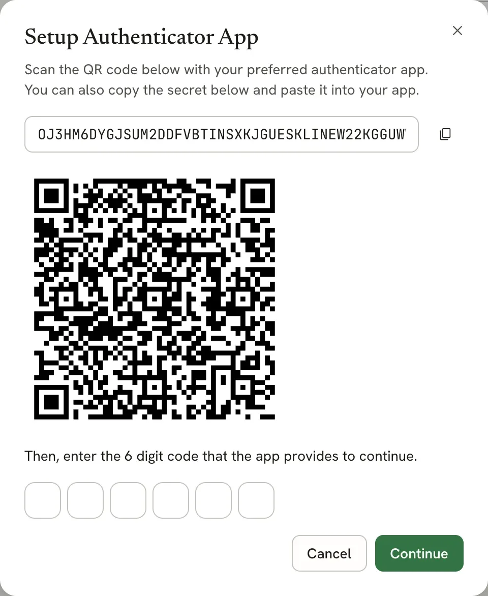 The Set up your authenticator app dialog with a secret key and copy button, a QR code, six code boxes, and Cancel and Continue buttons