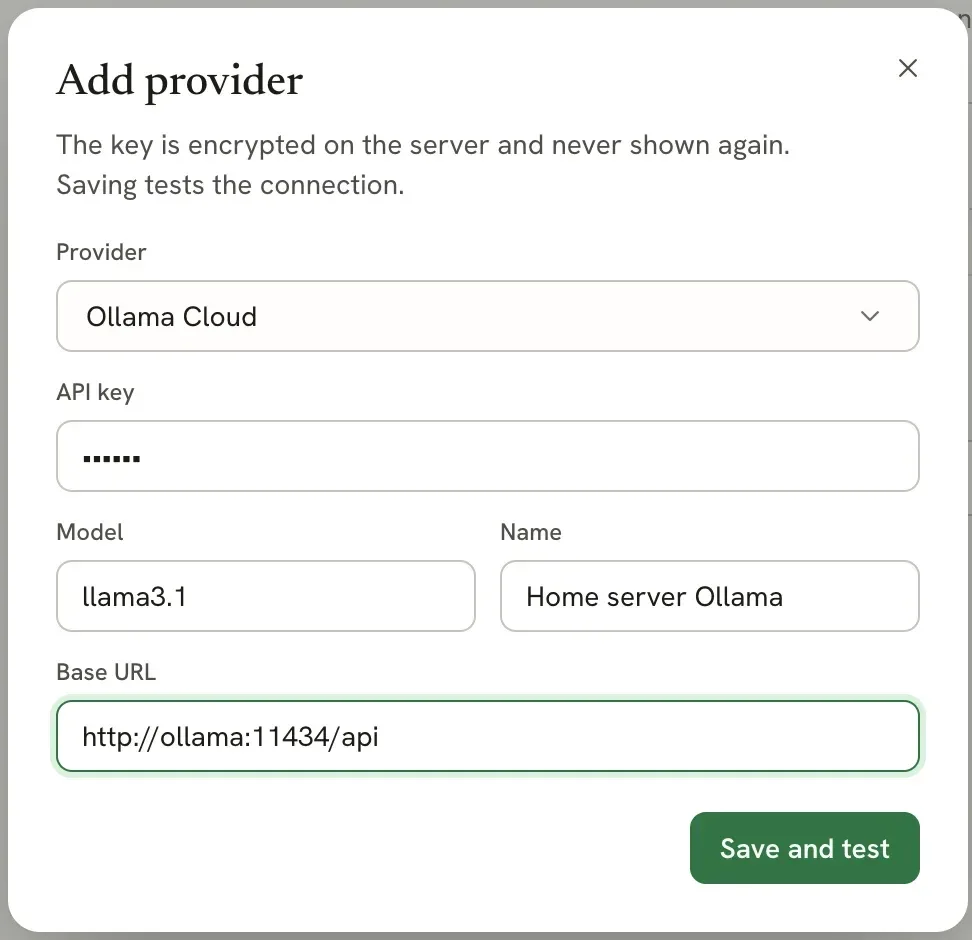 Add provider dialog with Ollama Cloud selected, model llama3.1, name Home server Ollama and base URL http://ollama:11434/api