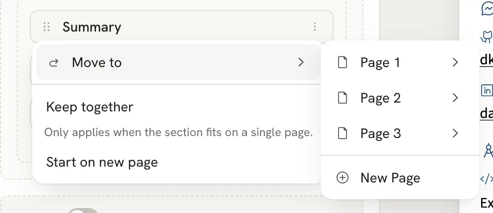 The menu for the Summary section with Move to open, listing Page 1, Page 2, Page 3 and New page, and below it Keep together with the note Only applies when the section fits on a single page, and Start on new page